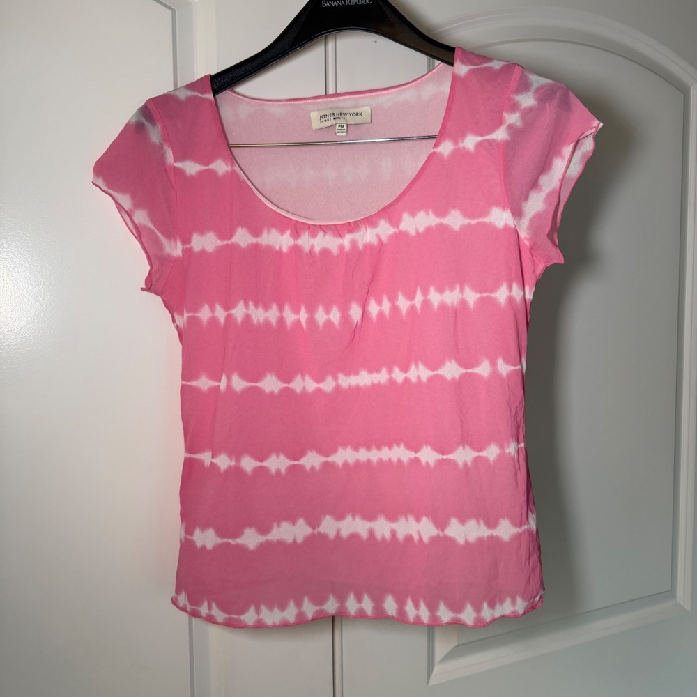 Y2K Jones New York Sport Petite Pink Tie Dye Mesh Scoop Neck Cap Sleeve Top PM